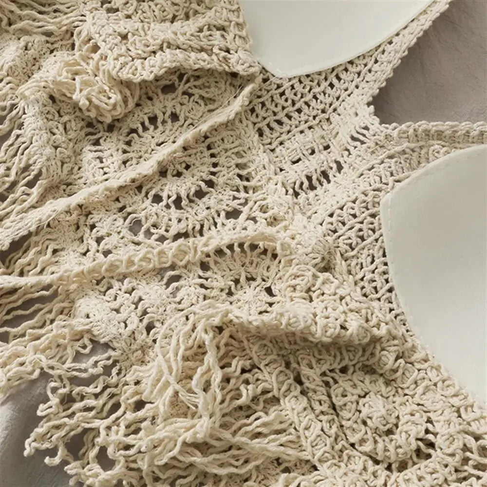 Women Summer Beach Boho Crop Tops Sexy Y2K Knitted Backless Hollow Out Tank Tops Crochet Tassels Hem Halter Bras Bustier Top