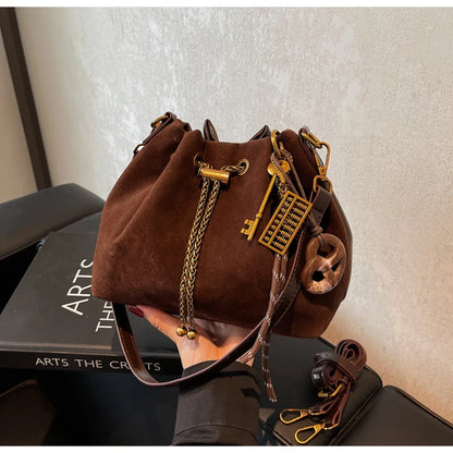 Women Vintage One Shoulder Bag Frosted Solid Drawstring Soft All-Match Bucket Bags High-Grade Versatile Commute Crossbody Packs