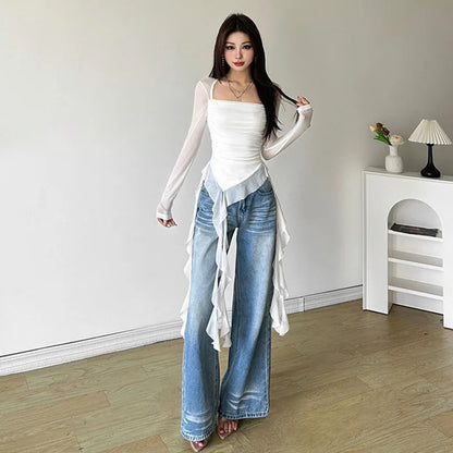 Sexy Women's Tops Fashion White Black Irregular Ribbon T-shirts for Women Long Sleeve Ruffles Slim Punk Tops Female Clothing Y2k