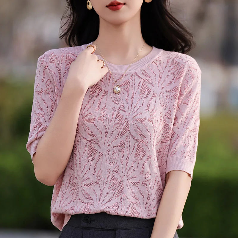 T-shirt Women Tops Summer 2025New Clothing Body O-neck Half Sleeve Tees Shirt  Solid Color Maple Leaf Pattern Casual Fashion Top