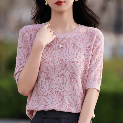 T-shirt Women Tops Summer 2025New Clothing Body O-neck Half Sleeve Tees Shirt  Solid Color Maple Leaf Pattern Casual Fashion Top