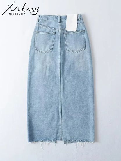 MiuKoMiYa Long Denim Skirts For Women Maxi Spring 2025 Black Front Slit Jean Skirts Womens Long Streetwear Blue Skirt Denim Maxi