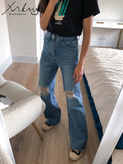 MiuKoMiYa Ripped Jeans For Women 2023 Streetwear Straight Denim Pants High Waist Long Denim Trousers Women Hollow Out Jeans