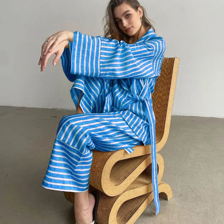 Women's Dress Sets Autumn New Striped Long-sleeved Loose Lace-up Top High-waisted Trousers Fashion Casual Suit for Women