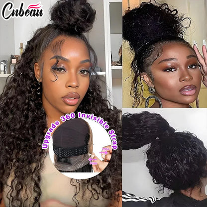Invisi Strap Water Wave High 250 Density 360 Full Lace Front Kinky Curly Wig 30 inch Black Human Hair Drawstring Snug Preplucked