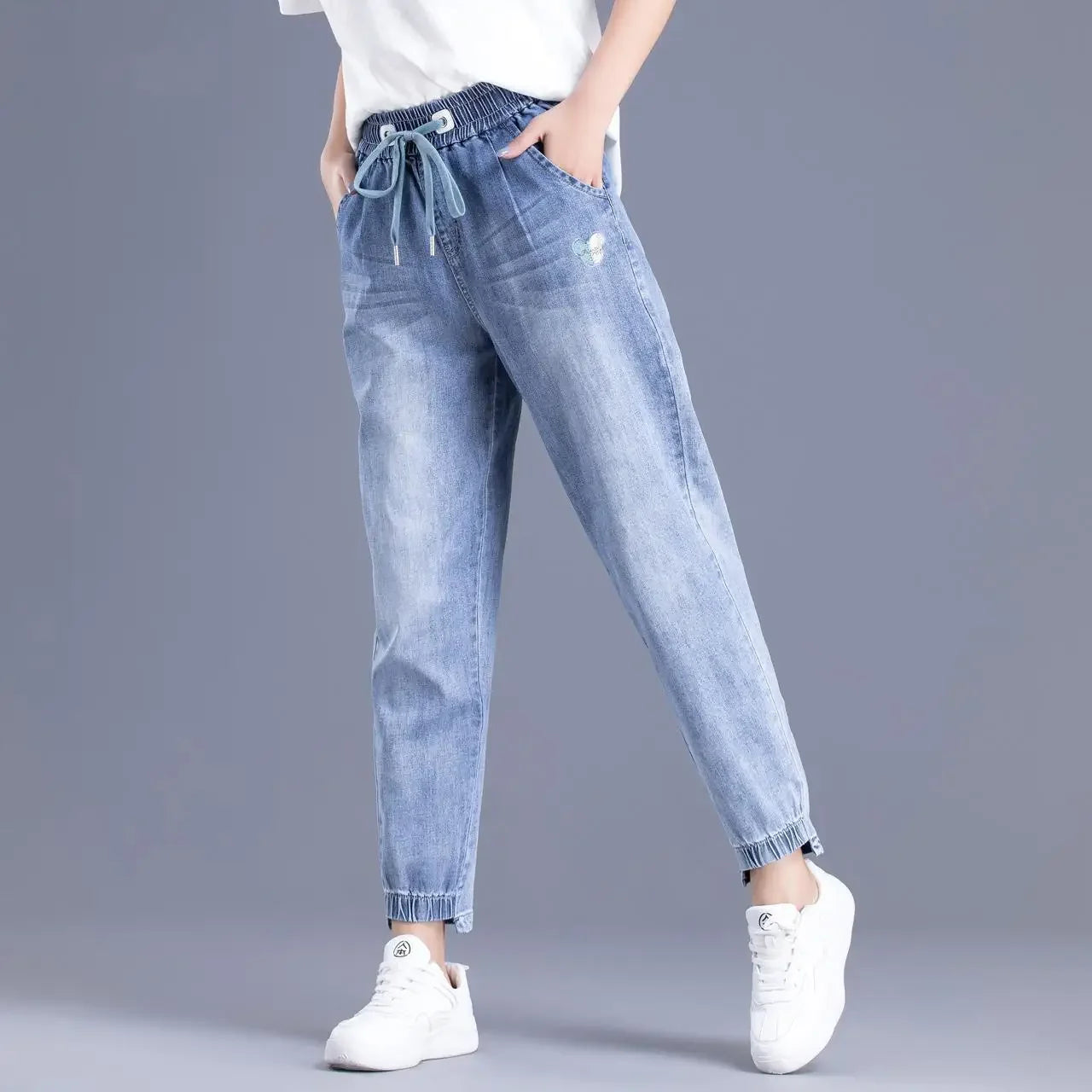 Womens Jeans Pants For Women With Pockets Blue Trousers High Waist Shot 2000s Y2k Wide Leg Xxl 90s Trend Unique Japanese Shiny