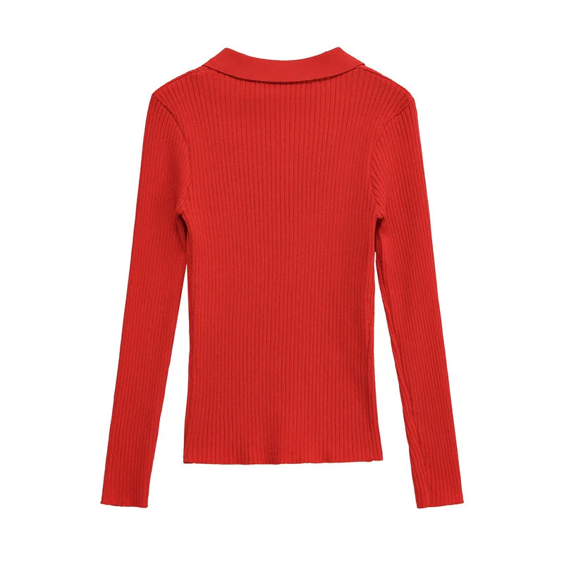 Women's Tops New Fall 2025 Solid Color Long Sleeve Lapel Slim Knit Top Sexy V-Neck Design Casual Fashion Personality Versatile