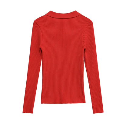 Women's Tops New Fall 2025 Solid Color Long Sleeve Lapel Slim Knit Top Sexy V-Neck Design Casual Fashion Personality Versatile