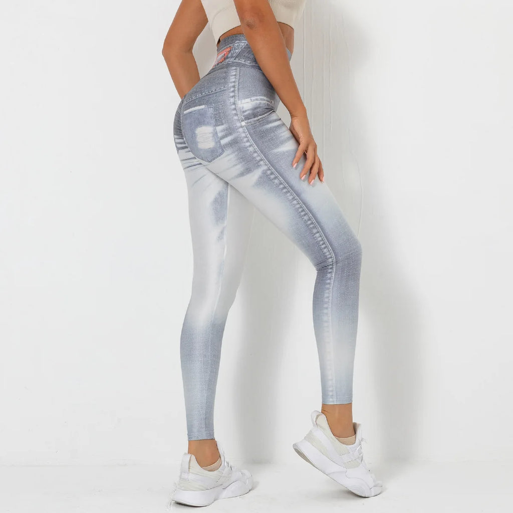 Push Up Yoga Pants Women Fitness Leggings Imitation Jeans Patchwrok Scrunch Tights High Waist Leggings Gym Workout Sport Leggins