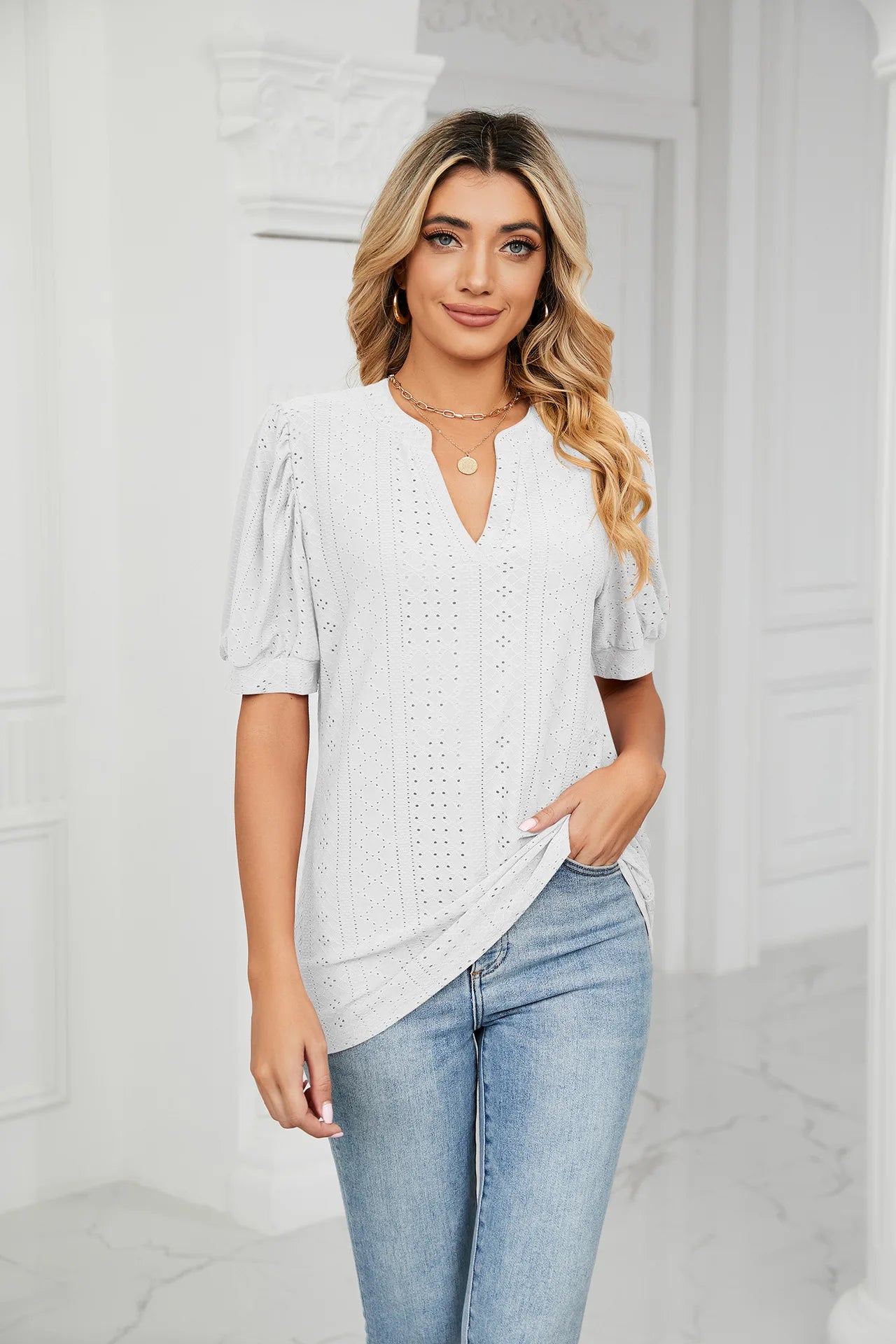 Womens Tops V Neck Ruffle Sleeve Blouses Short Sleeve Casual Tops T-Shirts for Women Autumn Winter
