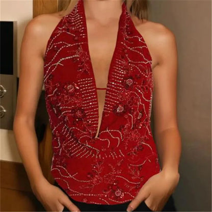 hirigin Sexy Glitter Sequin Tank Tops Women Y2K Fashion Deep V-neck Hollow Out Cropped Tops Tee Summer New Backless Beach Tops