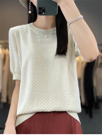 Women's T-shirt Summer 100% Cotton Sweater Short Sleeve Solid Color Round Neck Ladies Tops Loose Blouse Basic Pullover Tees