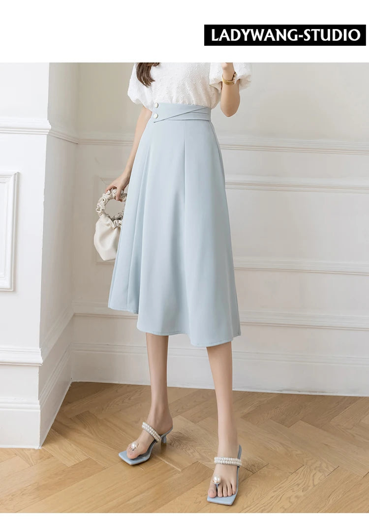 Women's Skirts High Waist Sweet Girl's Mid-calf Skirt Solid Skirts for Women Vintage Long Fashion 2023 Kawaii Summer Women Skirt