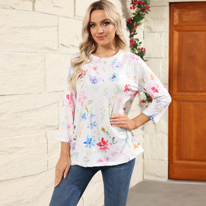 2024 Women Summer Tops Comfortable T Shirt Fashion Flower Print Round Neck 3/4 Sleeve Tops Soft Versatile Pullover Ropa De Mujer