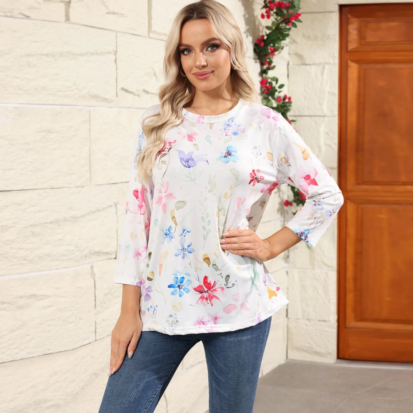2024 Women Summer Tops Comfortable T Shirt Fashion Flower Print Round Neck 3/4 Sleeve Tops Soft Versatile Pullover Ropa De Mujer