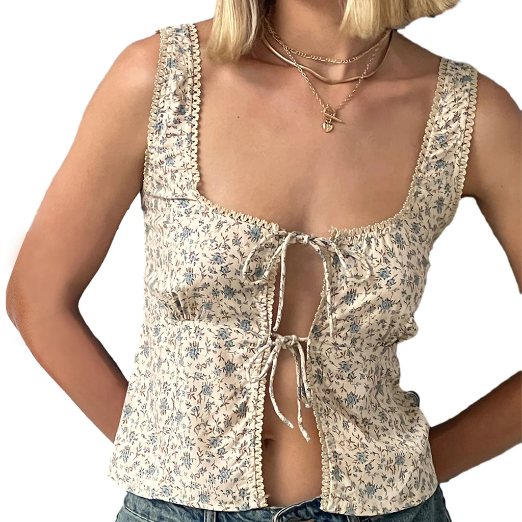 Women Tank Tops Fashion Floral Print Front Tie Up Vests Summer Slim Fit Sleeveless Cropped Top Y2K New Female Camis Streetwear