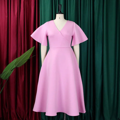 Dress Women Sexy Dresses White Round Neck Flare Sleeve Party Sheath Pleated High Waist Work Elegant Bodycon Mid Length Vestidos