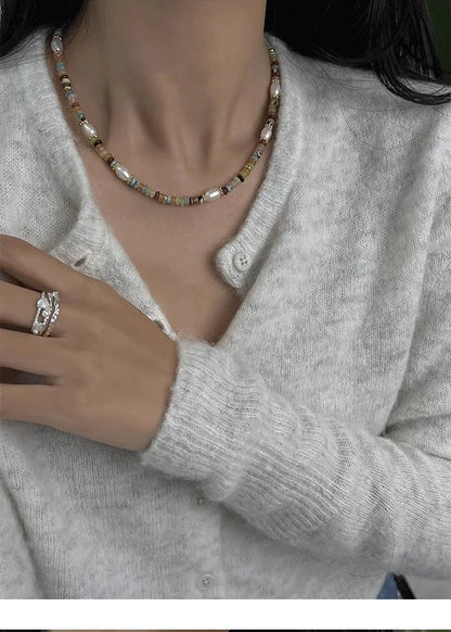 High Quality Colorful Beads Stone Natural Freshwater Pearl Necklaces For Women Retro Gold Color Clavicle Chain Jewelry Gifts