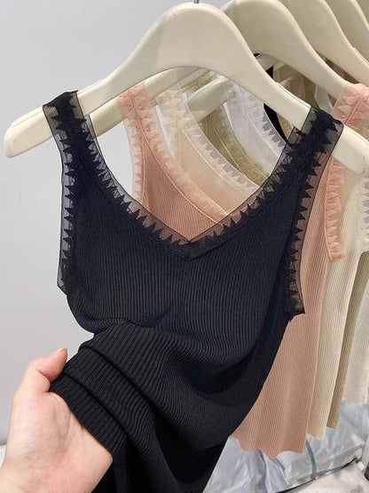 Women Summer Fashion Thin Knitted Undershirt Sleeveless Corset Top Half High Neck Comfortable Breathable Lace Tank Top 2025