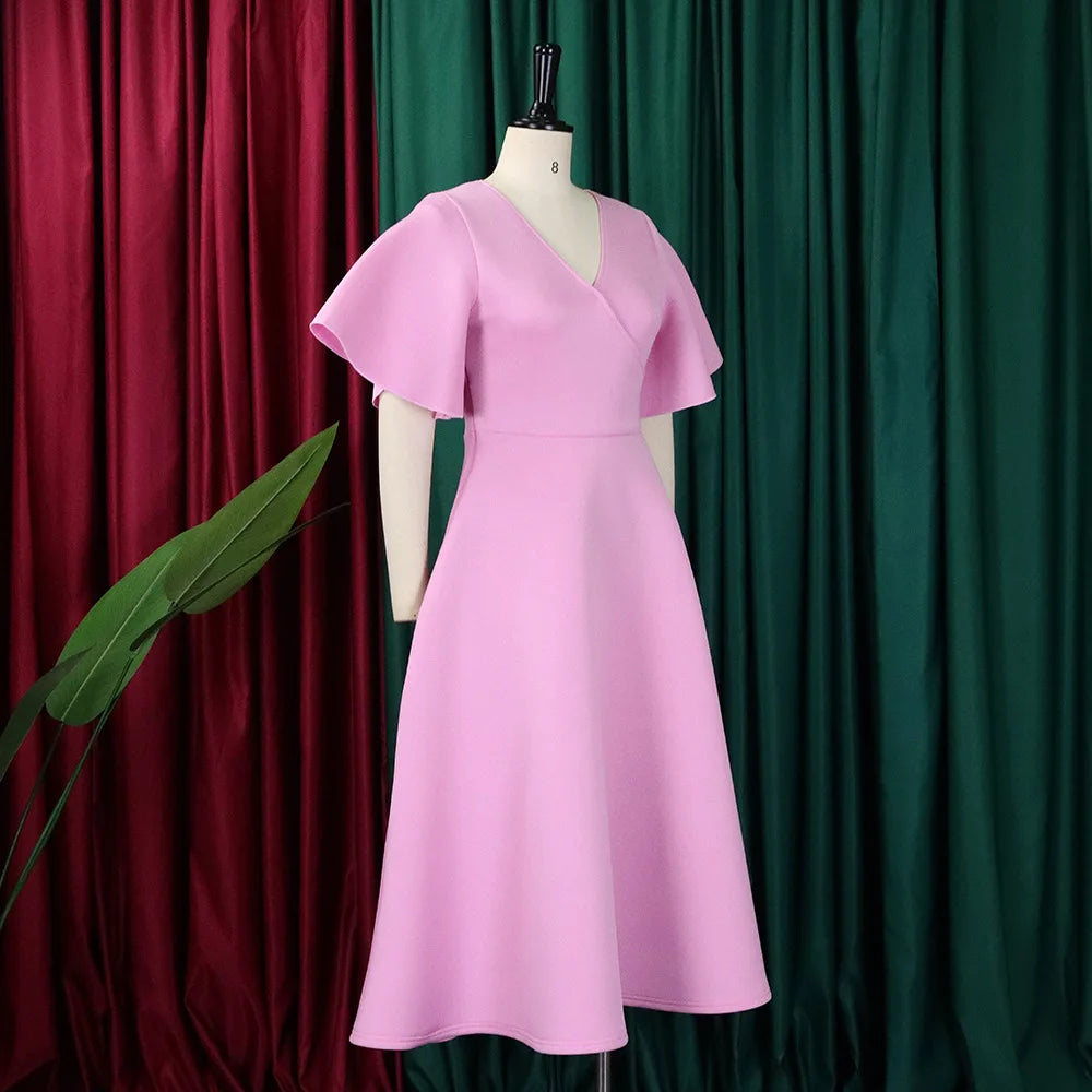 Dress Women Sexy Dresses White Round Neck Flare Sleeve Party Sheath Pleated High Waist Work Elegant Bodycon Mid Length Vestidos