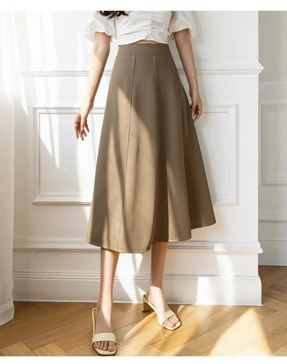 Women's Skirt 2025 Spring Women High Waist Solid Vintage Girl's Waist Down Skirt Knee-length A-line Fashion Thin Skirt for Women