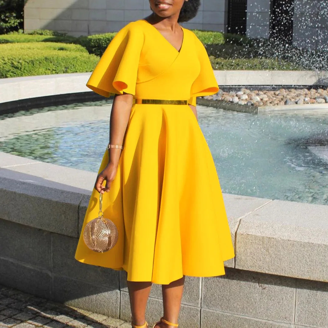 Dress Women Sexy Dresses White Round Neck Flare Sleeve Party Sheath Pleated High Waist Work Elegant Bodycon Mid Length Vestidos