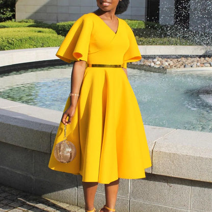 Dress Women Sexy Dresses White Round Neck Flare Sleeve Party Sheath Pleated High Waist Work Elegant Bodycon Mid Length Vestidos