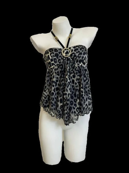 Women Clothing Summer Crop Tops 2025 Ropa Mujer Halter Backless TLoose Vest Sweet Korean Camis Korean Leopard Print Sexy Tanks