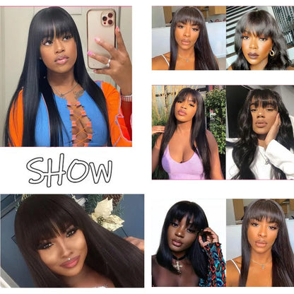 Wig With Bangs Bone Straight Human Hair Wigs For Women Brazilian Natural Cheap Full Machine Made Wigs 22 24 Inch Long Wig