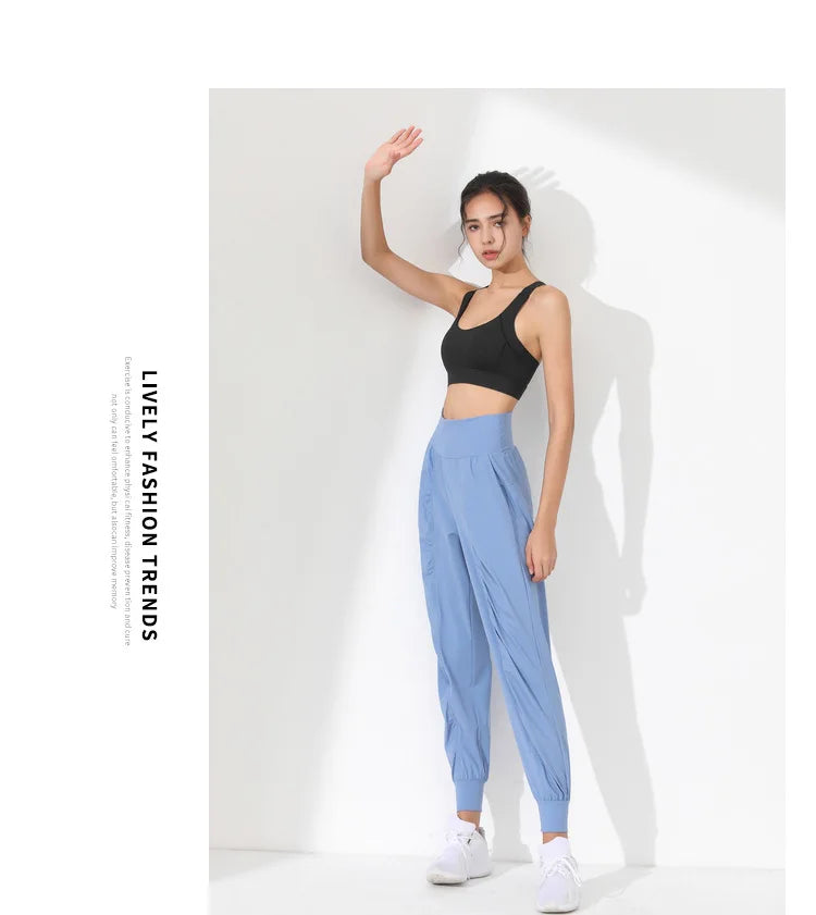 Woman Yoga Pants Hem Bound Running Fitness Loose Slim Quick-Dry Yoga Pants Pleated  Capris Pockets Jogging Pants Sports pants