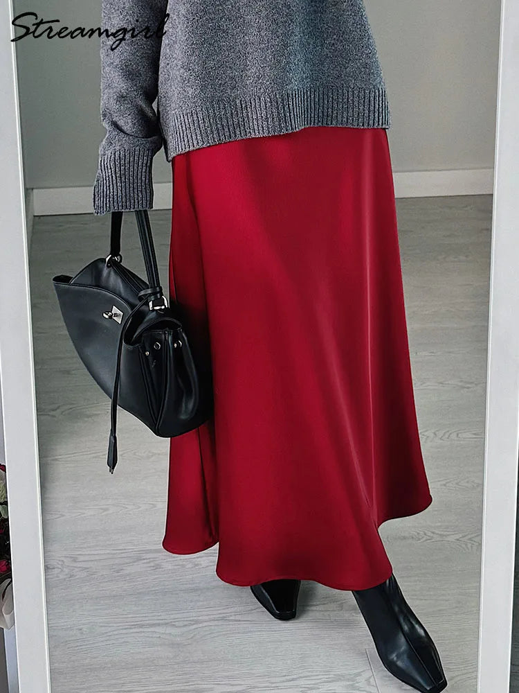 Long Black Satin Skirts Women For Work Summer Autumn Straight Brown Skirt Long Belt Coffee Formal Silk Maxi Skirt For Ladies