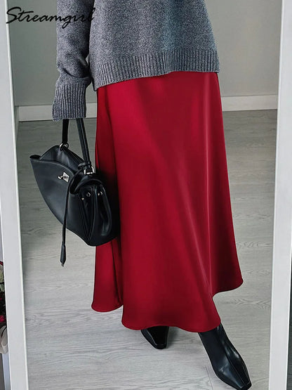 Long Black Satin Skirts Women For Work Summer Autumn Straight Brown Skirt Long Belt Coffee Formal Silk Maxi Skirt For Ladies