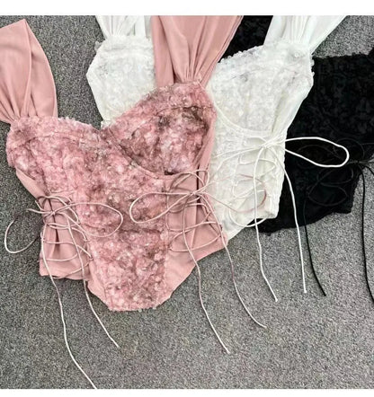 Women Corset Top Y2K Clothes Lolita Ruffles Flower Lace Tank Top Summer French Tube Tops Cute Clothes Pink Crop Tops