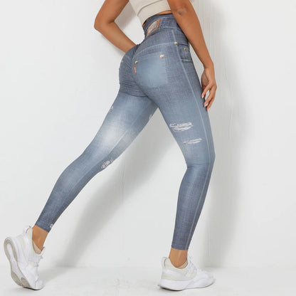 Push Up Yoga Pants Women Fitness Leggings Imitation Jeans Patchwrok Scrunch Tights High Waist Leggings Gym Workout Sport Leggins