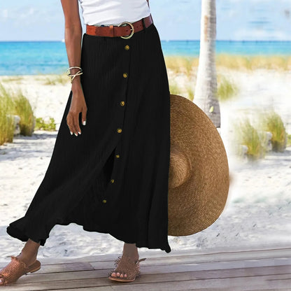 Midi Skirts For Women Bohemian Style Daily And Versatile Half Skirt Fashion Plain Color Basics High Waist Beach Button Dress