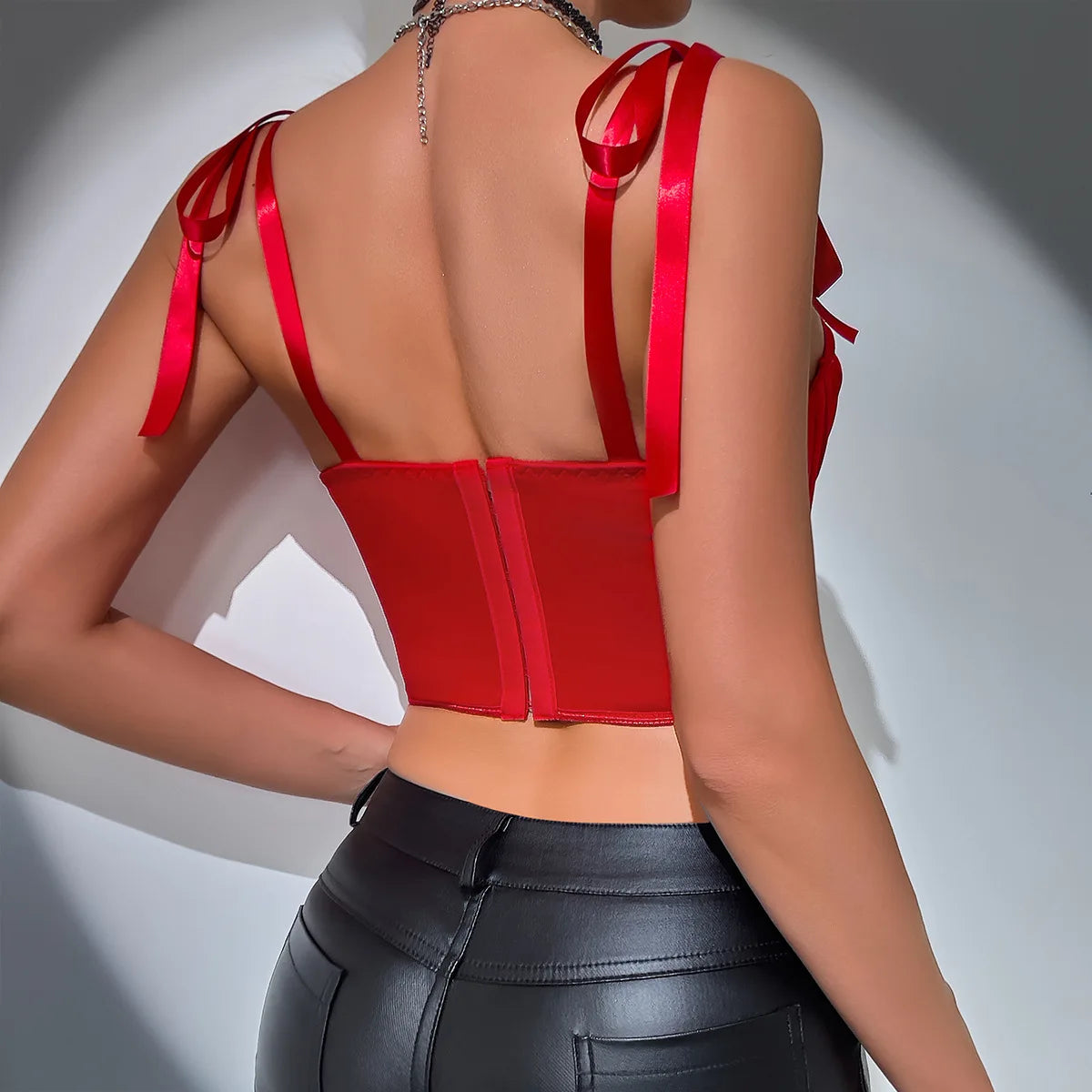 Woman Clothing Top Women T-shirt Tank Top Female Clothes Tops Tanks Camis Crop Top Y2K Sexy Ribbon Tie-Up Fishbone Camisole