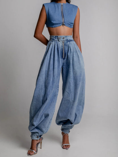 Women Cargo Jeans Casual High Rise Zipper Denim Bloomers Pants Loose Vintage Streetwear Ruched Basic Jeans Trousers 2025
