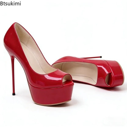 Women's Sexy Shallow High-heeled Shoes with Exposed Toe Shiny Surface Party Dress Shoes Elegant British Style Dinner Party Shoes