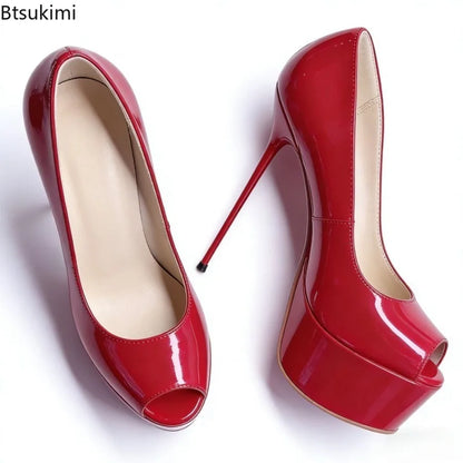 Women's Sexy Shallow High-heeled Shoes with Exposed Toe Shiny Surface Party Dress Shoes Elegant British Style Dinner Party Shoes
