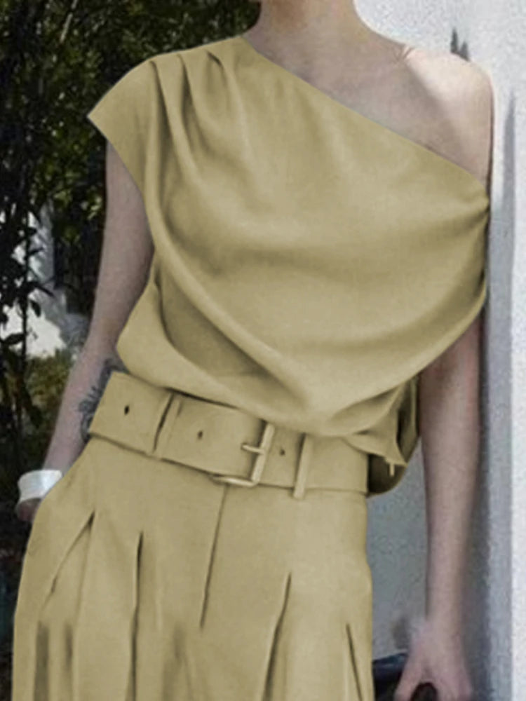 Beautyblue Turmeric Women's Tops One-Shoulder T-Shirts 2025 New Fashion Pleated Slanted Shoulders Sexy Loose Summer Tee Female