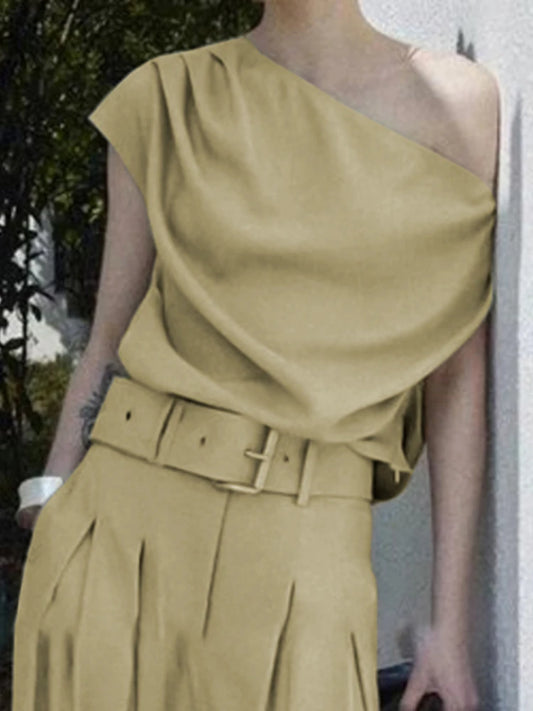 Beautyblue Turmeric Women's Tops One-Shoulder T-Shirts 2025 New Fashion Pleated Slanted Shoulders Sexy Loose Summer Tee Female