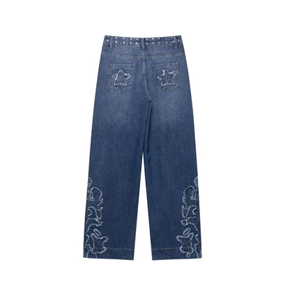 European style new women's fashion versatile temperament straight embroidered low waist jeans trousers