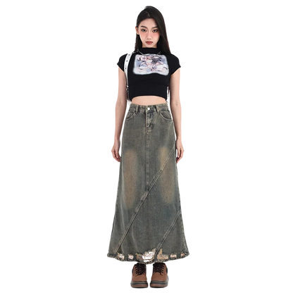 Women Denim Skirt Y2k Emo 2000s Clothes Long Skirt Harajuku Korean 90s Fashion Vintage Gradient A-line Jean Skirt Grunge Clothes