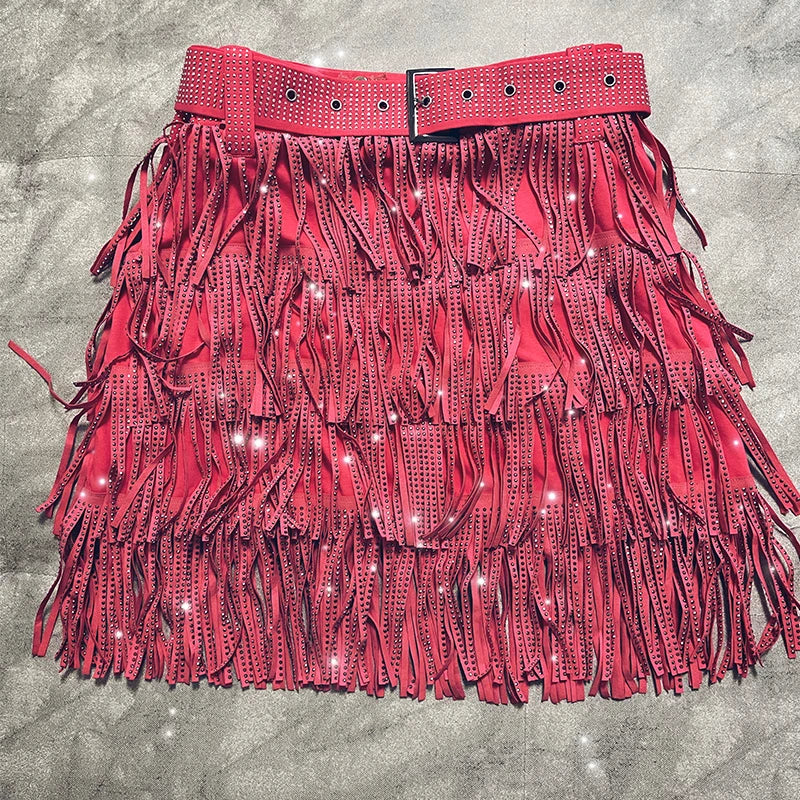 Women Skirt Fashion 2025 New Autumn High Waist Belt Multi Layer Short  Heavy Drilling Rhinestones Fringed Skirt with Cake A Line
