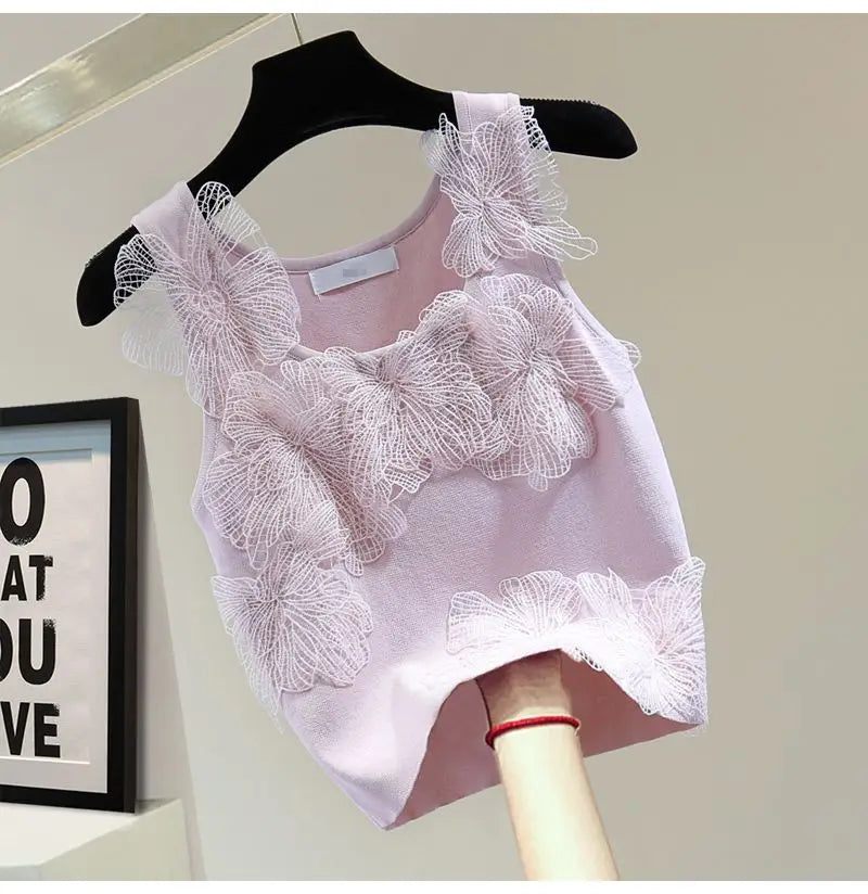 Sexy Crop Tops Women Heavy Embroidery Floral Tank 2025 Ropa Mujer Lace Butterfly Backless Tunic Vest Korean Summer Camis
