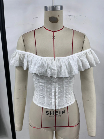 Women Fashion White Jacquard Ruffles Off Shoulder Slim Tank Crop Tops Slash Neck Lace Up Backless Single Breasted Corset Tees