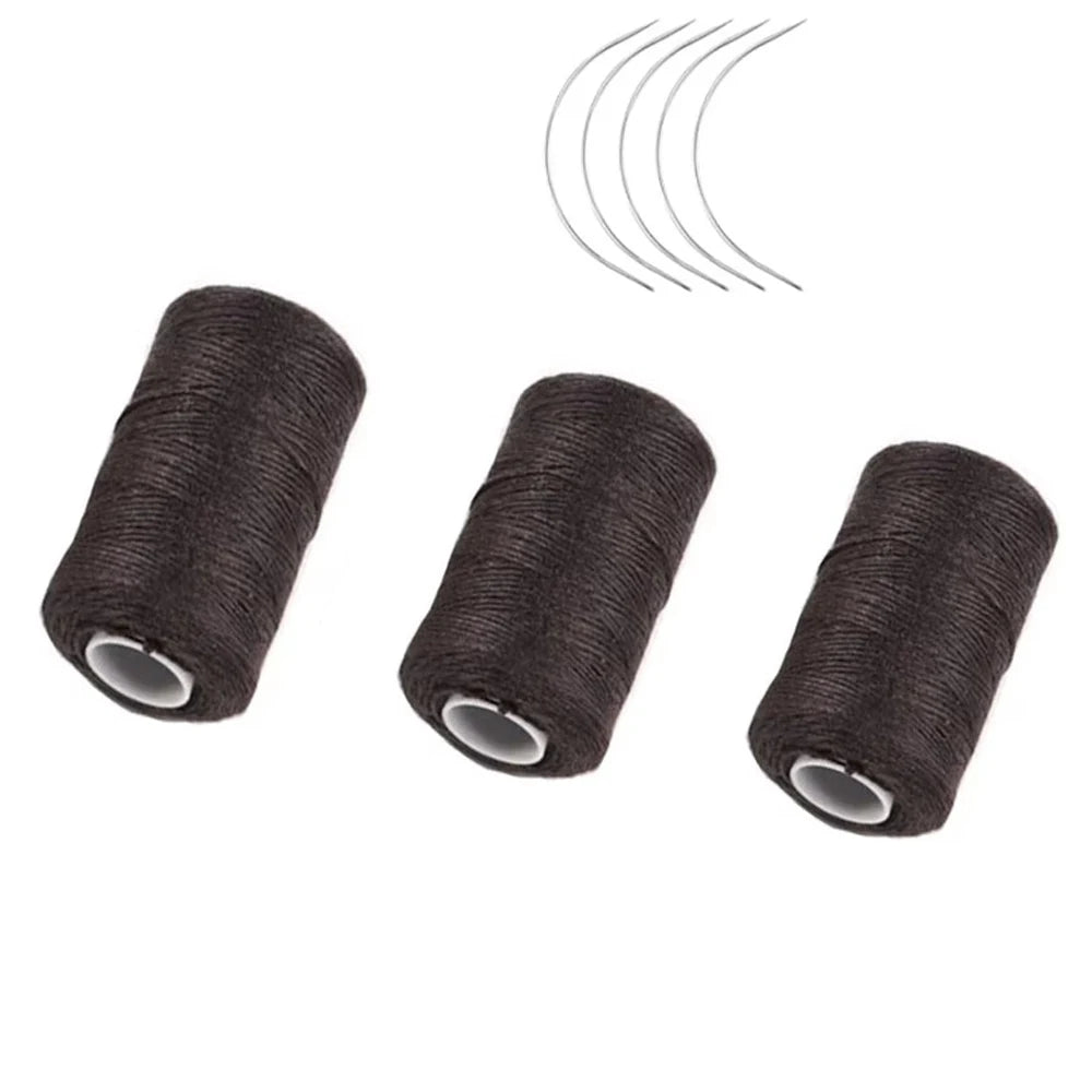 3 Rolls Hair Weaving Thread Cotton Sewing Thread With 5 pcs C curved needle for Making Wig DIY Hand Sewing Hair Weave hair weft