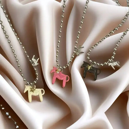LATS White Black Green Blue Pink Color Enamel Colt Horse Pendant Necklaces for Women Silver Plated Alloy Beads Chain Chokers