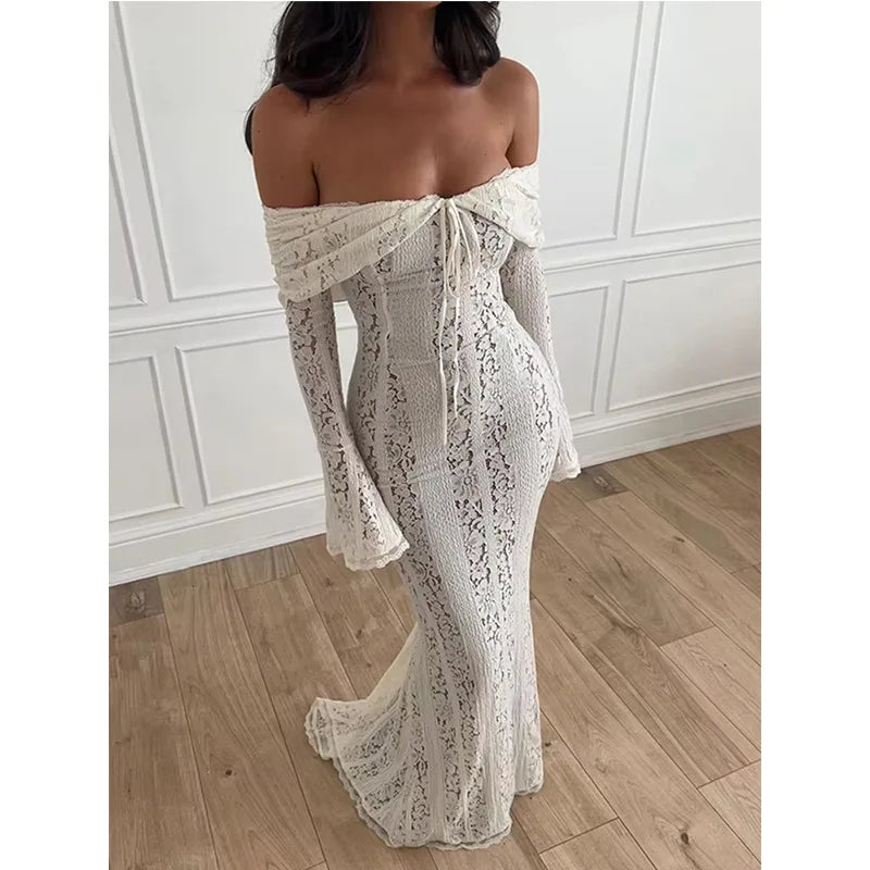 Women's Dresses New Sexy One-word Shoulder Lace Temperament Tube Top Long Dress Slim Fishtail Dress for Women