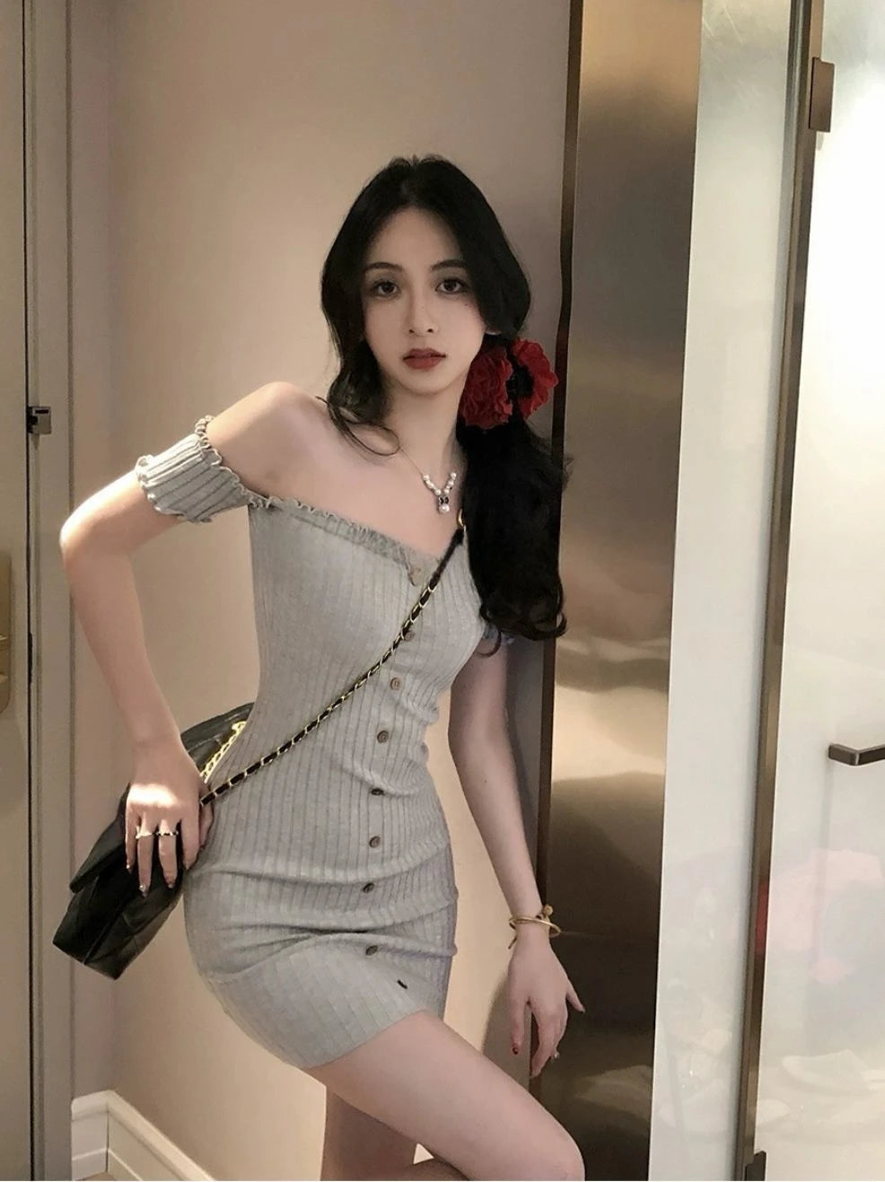 Woman Dress for Women 2025 Vestidos De Mujer Fashion Slash Neck Tunic Robe Femme Ruffles Bodycon Knitted Button Summer Dresses